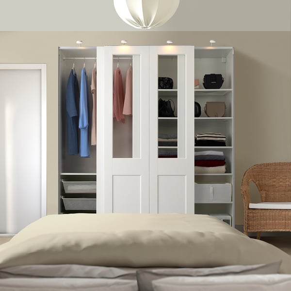 PAX / GRIMO - Wardrobe with sliding doors, white/transparent glass white,200x66x201 cm