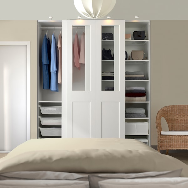 PAX / GRIMO - Wardrobe with sliding doors, white/transparent glass white,200x66x236 cm