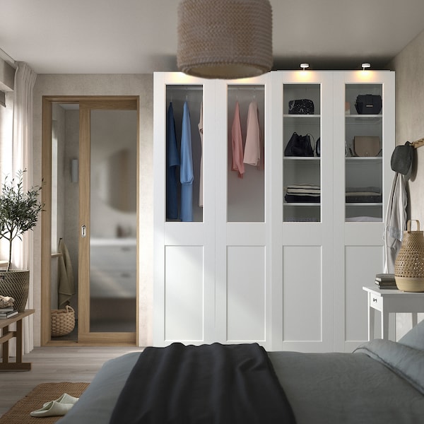 PAX / GRIMO - Wardrobe with sliding doors, white/transparent glass white,200x66x236 cm