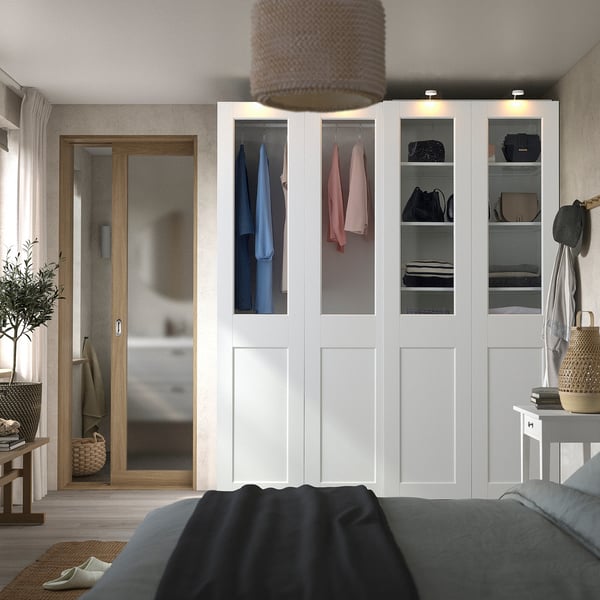 PAX / GRIMO - Wardrobe with sliding doors, white/transparent glass white,200x66x236 cm
