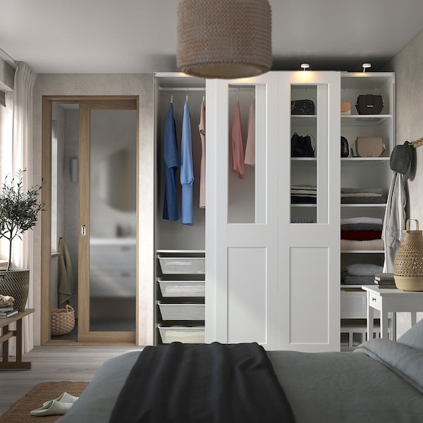 PAX / GRIMO - Wardrobe with sliding doors, white/transparent glass white,200x66x236 cm