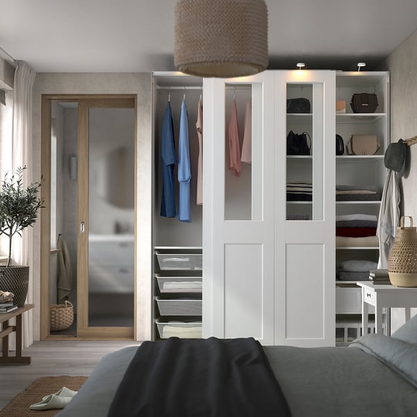 PAX / GRIMO - Wardrobe with sliding doors, white/transparent glass white,200x66x236 cm