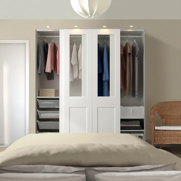 PAX / GRIMO - Wardrobe with sliding doors, white/transparent glass white,200x66x201 cm