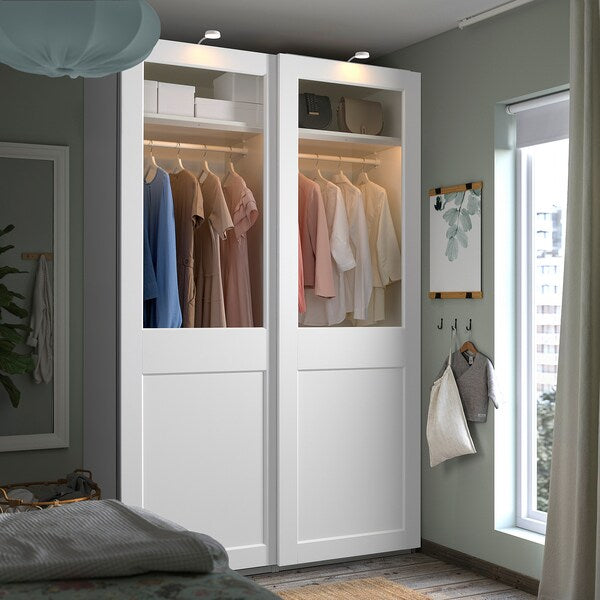 PAX / GRIMO - Wardrobe with sliding doors, white/transparent glass white,150x66x236 cm