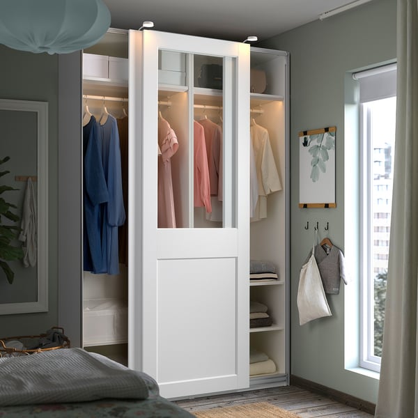 PAX / GRIMO - Wardrobe with sliding doors, white/transparent glass white,150x66x236 cm