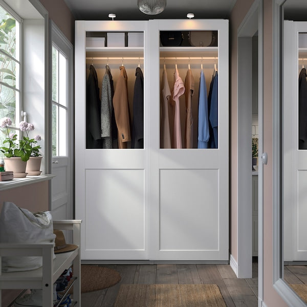 PAX / GRIMO - Wardrobe with sliding doors, white/transparent glass white,150x66x236 cm