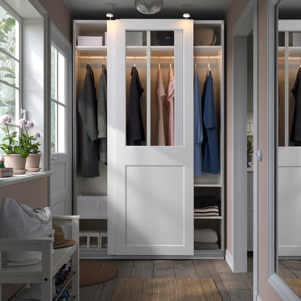 PAX / GRIMO - Wardrobe with sliding doors, white/transparent glass white,150x66x236 cm