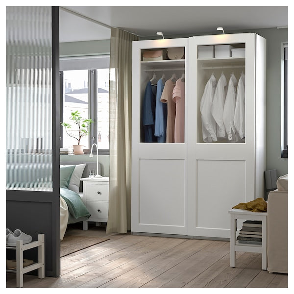 PAX / GRIMO - Wardrobe with sliding doors, white/transparent glass white,150x66x236 cm