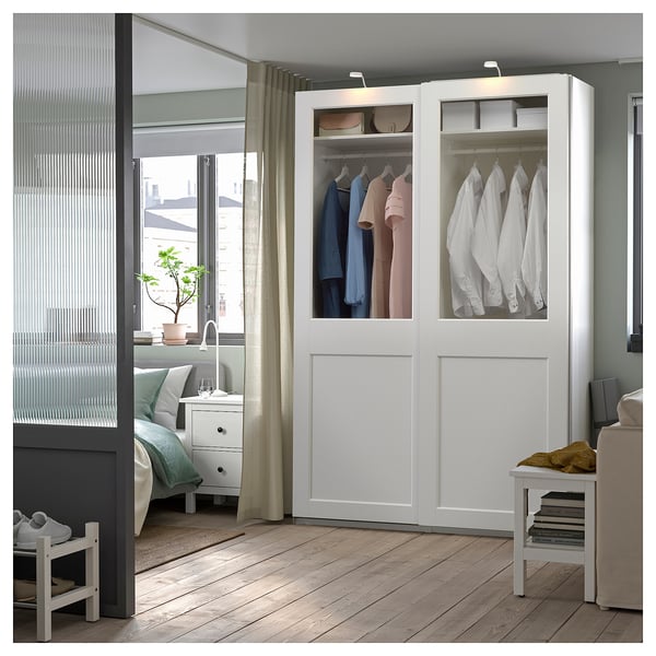 PAX / GRIMO - Wardrobe with sliding doors, white/transparent glass white,150x66x236 cm