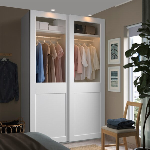 PAX / GRIMO - Wardrobe with sliding doors, white/transparent glass white,150x66x236 cm