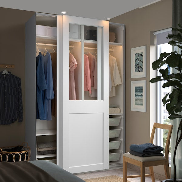 PAX / GRIMO - Wardrobe with sliding doors, white/transparent glass white,150x66x236 cm