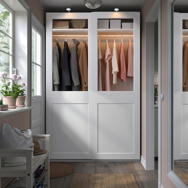 PAX / GRIMO - Wardrobe with sliding doors, white/transparent glass white,150x66x236 cm