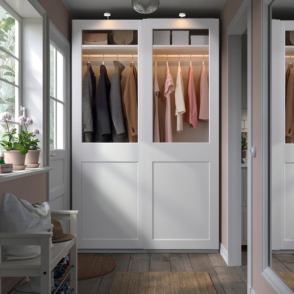 PAX / GRIMO - Wardrobe with sliding doors, white/transparent glass white,150x66x236 cm