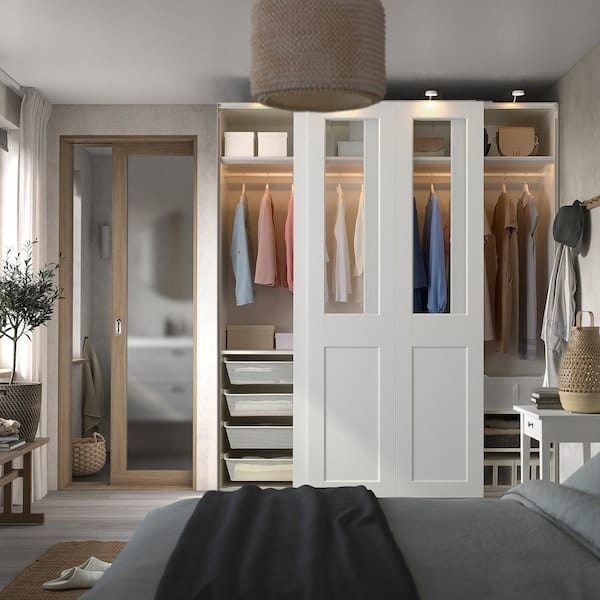 Ikea PAX / GRIMO - Wardrobe with sliding doors, white/transparent glass white,200x66x236 cm