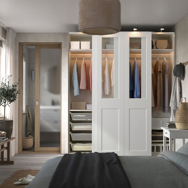 PAX / GRIMO - Wardrobe with sliding doors, white/transparent glass white,200x66x236 cm