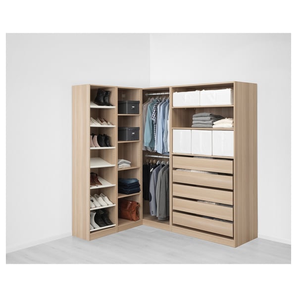 PAX corner wardrobe, white stained oak effect, 161/188x201 cm