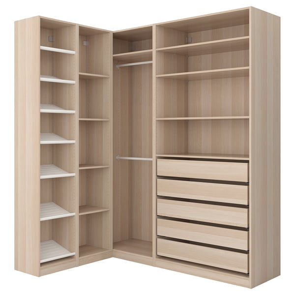 PAX corner wardrobe, white stained oak effect, 161/188x236 cm