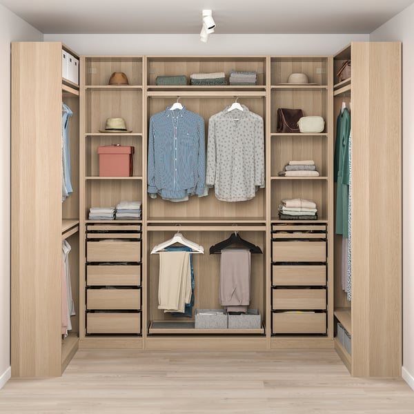 PAX corner wardrobe, white stained oak effect, 113/276/113x236 cm