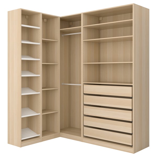 PAX corner wardrobe, white stained oak effect, 161/188x236 cm