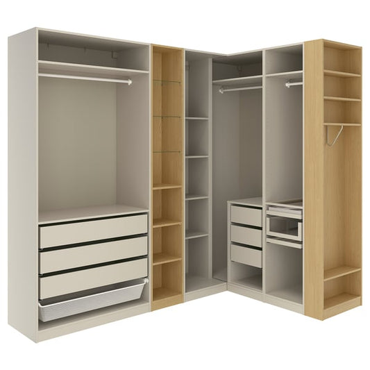 PAX corner wardrobe, gray-beige gray-beige/oak effect, 231/196x236 cm Corner wardrobe, gray-beige gray-beige/oak effect,231/196x236 cm