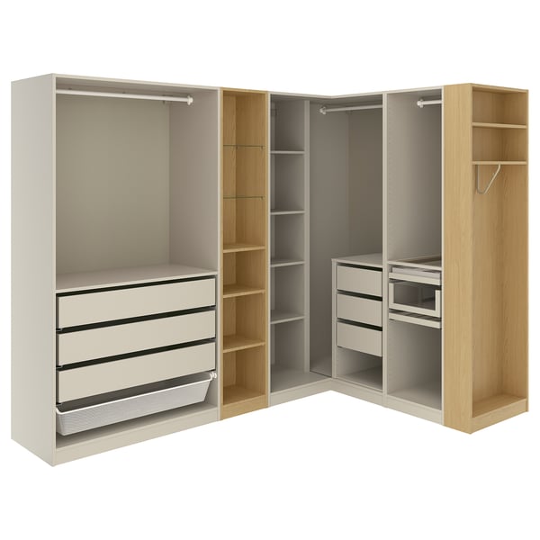 PAX corner wardrobe, gray-beige gray-beige/oak effect, 231/196x201 cm Corner wardrobe, gray-beige gray-beige/oak effect,231/196x201 cm
