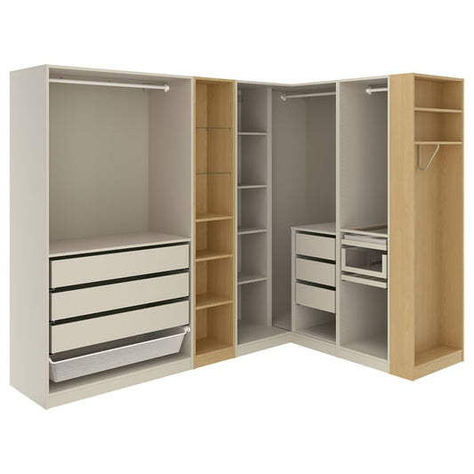 PAX corner wardrobe, gray-beige gray-beige/oak effect, 231/196x201 cm Corner wardrobe, gray-beige gray-beige/oak effect,231/196x201 cm