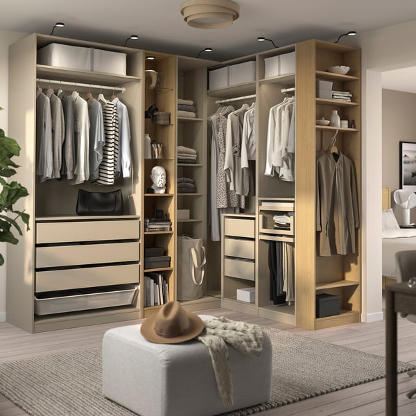 PAX corner wardrobe, grey-beige grey-beige/oak effect, 231/196x236 cm