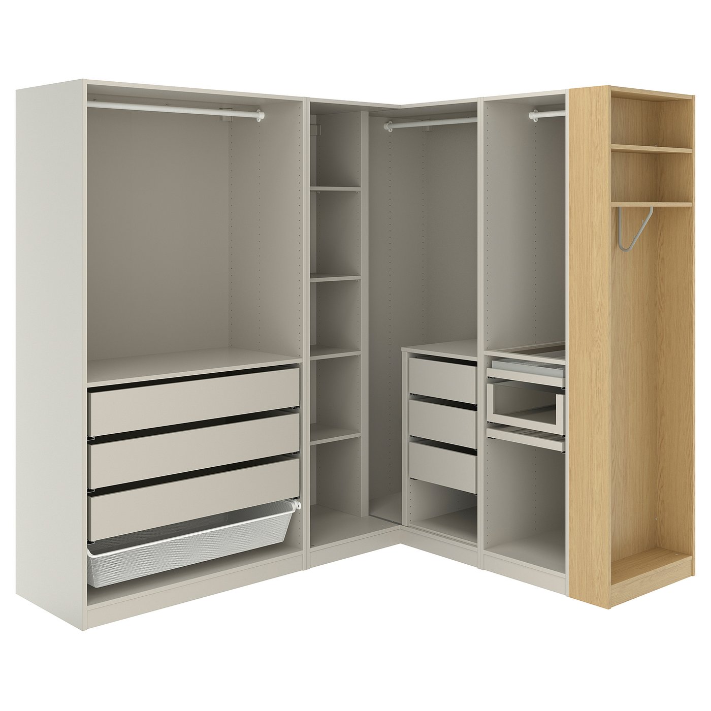 PAX corner wardrobe, grey-beige/grey-beige oak veneer, 210.4x201.2 cm