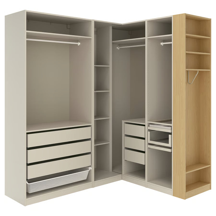 PAX corner wardrobe, gray-beige/grey-beige oak veneer, 231/161x236 cm Corner wardrobe, gray-beige/grey-beige oak veneer,231/161x236 cm