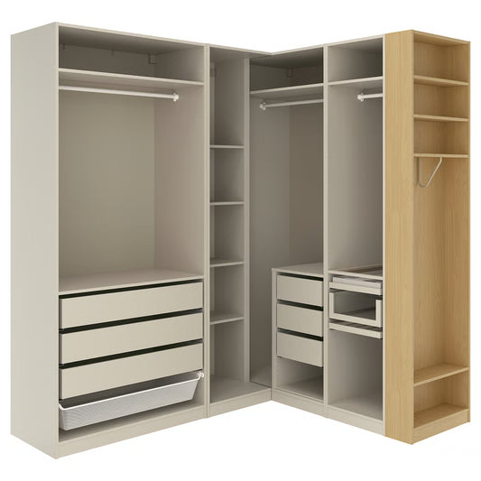 PAX corner wardrobe, gray-beige/grey-beige oak veneer, 231/161x236 cm Corner wardrobe, gray-beige/grey-beige oak veneer,231/161x236 cm