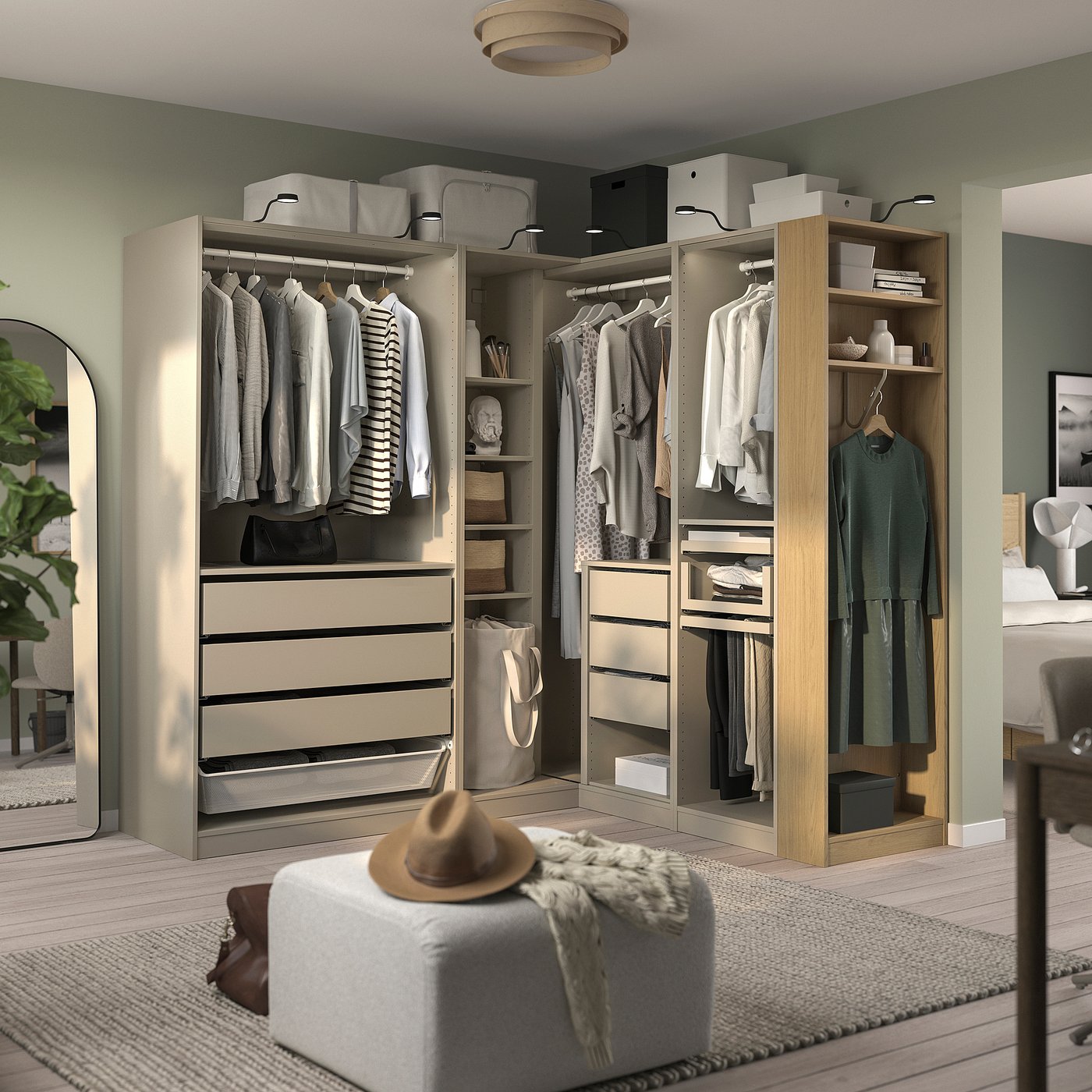 PAX corner wardrobe, grey-beige/grey-beige oak veneer, 210.4x201.2 cm