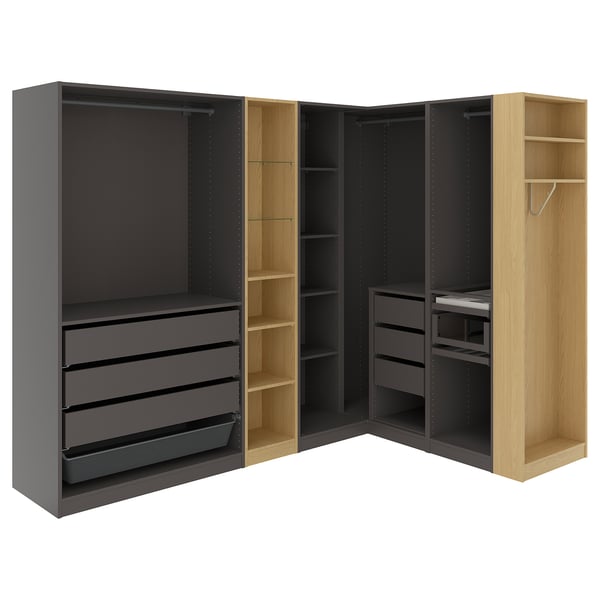 PAX corner wardrobe, dark gray dark gray/ oak effect, 231/196x201 cm Corner wardrobe, dark gray dark gray/ oak effect,231/196x201 cm