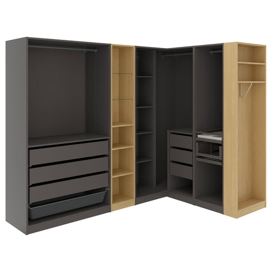 PAX corner wardrobe, dark gray dark gray/ oak effect, 231/196x201 cm Corner wardrobe, dark gray dark gray/ oak effect,231/196x201 cm
