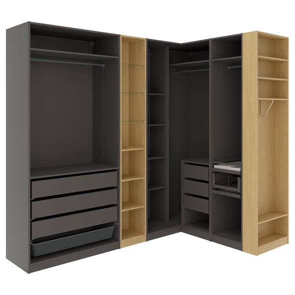 PAX corner wardrobe, dark grey dark grey/oak effect, 245/180x236 cm