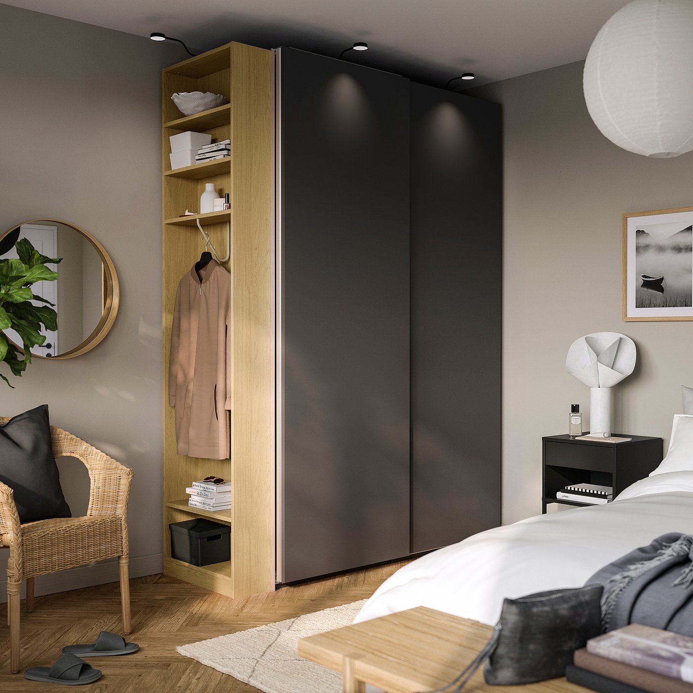 PAX / HASVIK wardrobe combination, dark grey dark grey/oak effect, 170x66x236 cm