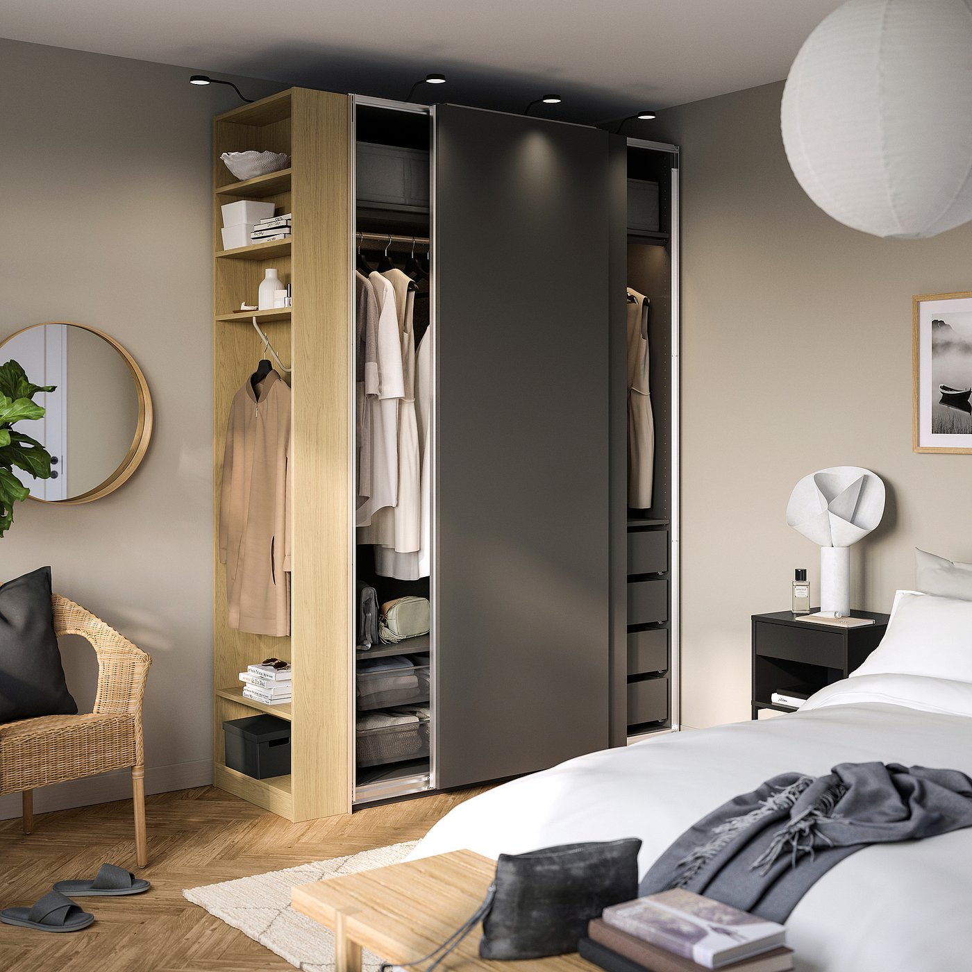 PAX / HASVIK wardrobe combination, dark grey dark grey/oak effect, 170x66x236 cm