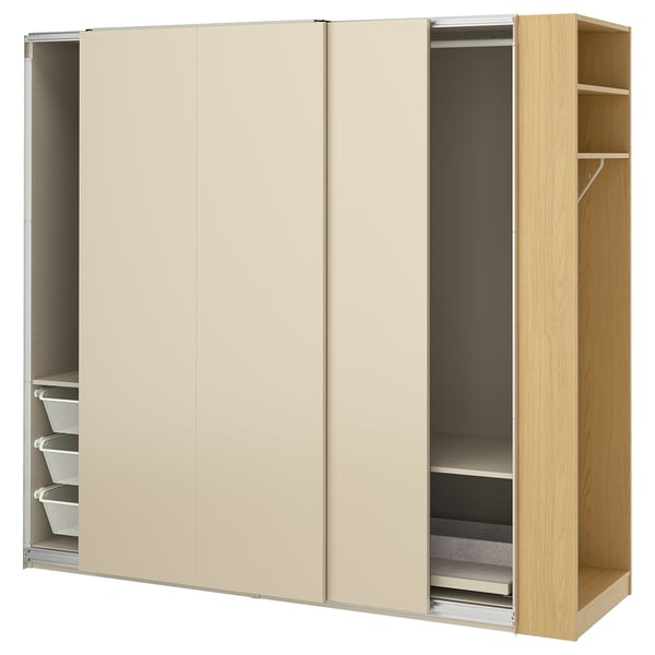 PAX / HASVIK wardrobe with sliding doors, grey-beige grey-beige/oak effect, 220x66x201 cm