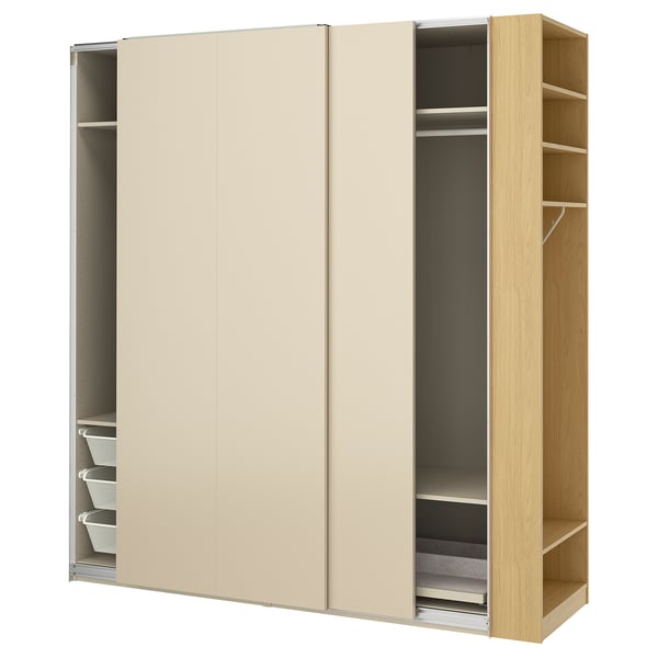 PAX / HASVIK wardrobe with sliding doors, grey-beige grey-beige/oak effect, 220x66x236 cm
