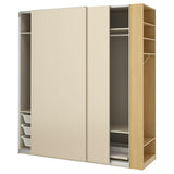 PAX / HASVIK wardrobe with sliding doors, grey-beige grey-beige/oak effect, 220x66x236 cm