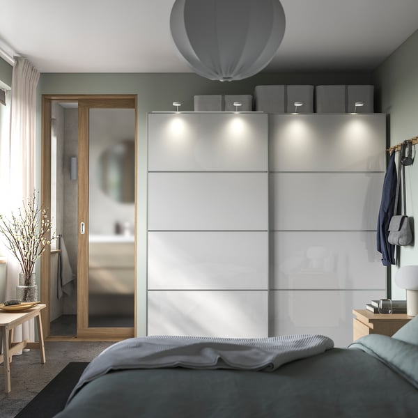 PAX / HOKKSUND - Wardrobe combination, white/light grey gloss,200x66x201 cm