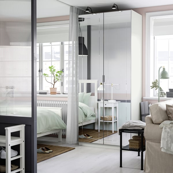 PAX / KAMMARTORP wardrobe combination, white mirror glass/grey, 100x60x236 cm