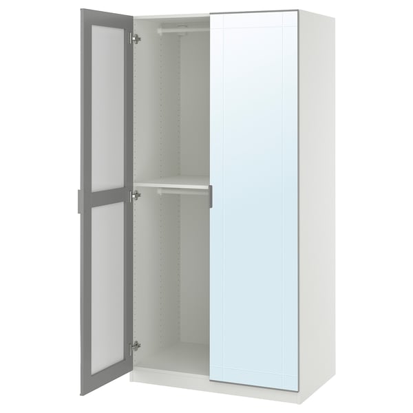 PAX / KAMMARTORP wardrobe combination, white mirror glass/grey, 100x60x201 cm
