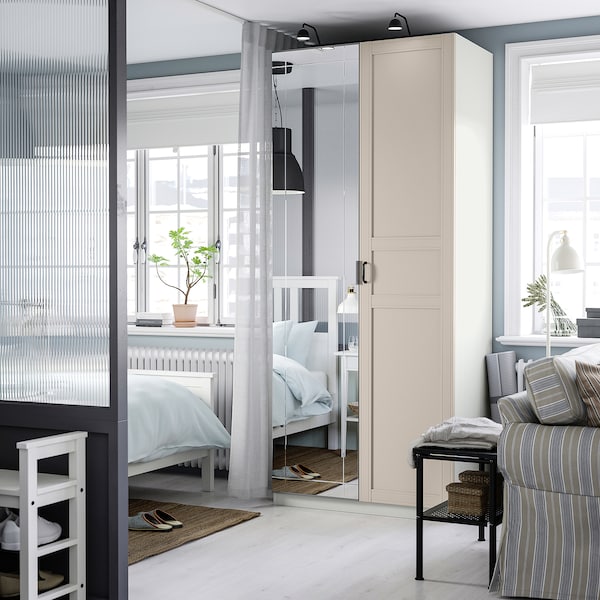 PAX / KAMMARTORP/FLISBERGET wardrobe combination, white mirror glass/grey light beige, 100x60x236 cm