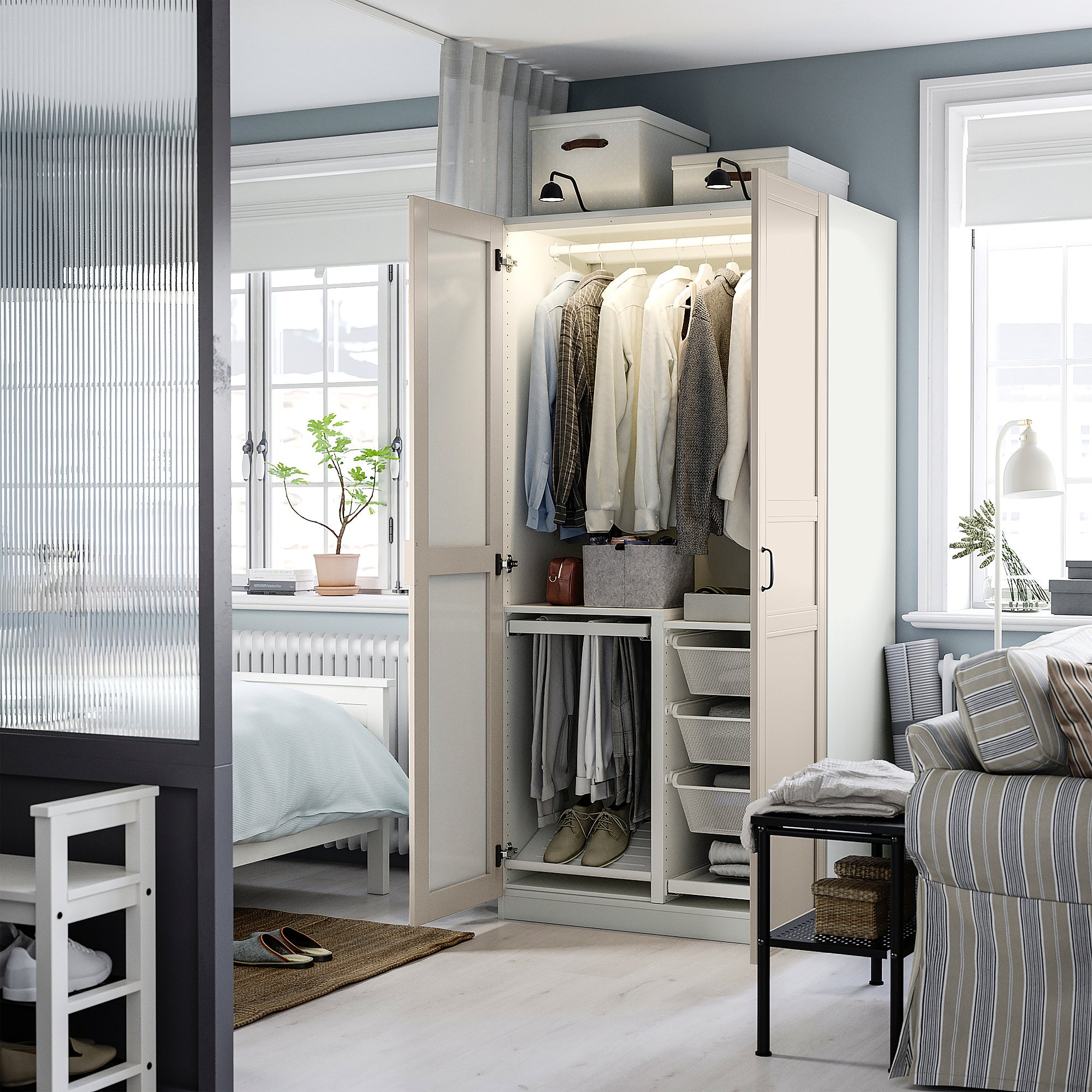 PAX / KAMMARTORP/FLISBERGET wardrobe combination, white mirror glass/grey light beige, 100x60x201 cm