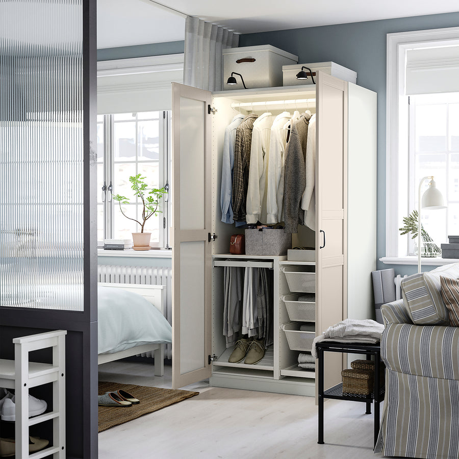 PAX / KAMMARTORP/FLISBERGET wardrobe combination, white mirror glass/grey light beige, 100x60x201 cm