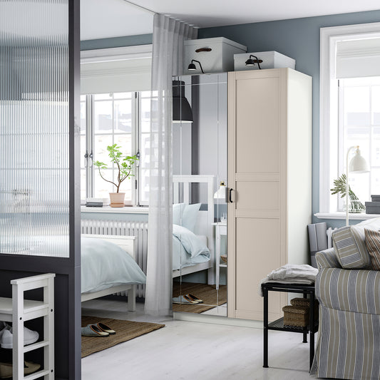 PAX / KAMMARTORP/FLISBERGET wardrobe combination, white mirror glass/grey light beige, 100x60x201 cm
