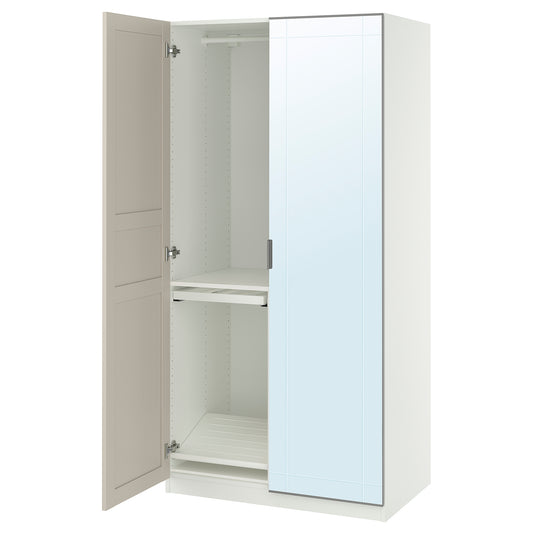 PAX / KAMMARTORP/FLISBERGET wardrobe combination, white mirror glass/grey light beige, 100x60x201 cm
