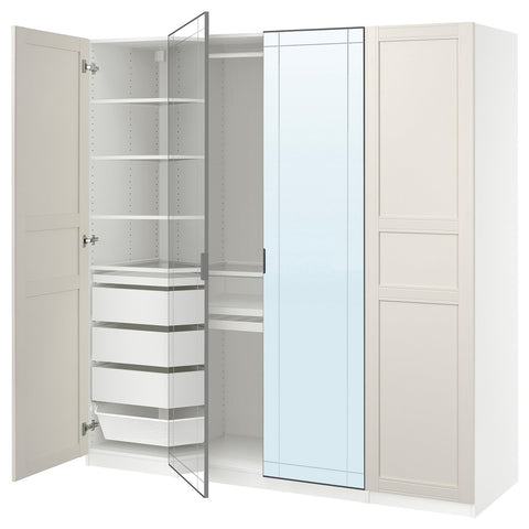 PAX / KAMMARTORP/FLISBERGET wardrobe combination, white mirror glass/grey white, 200x60x201 cm