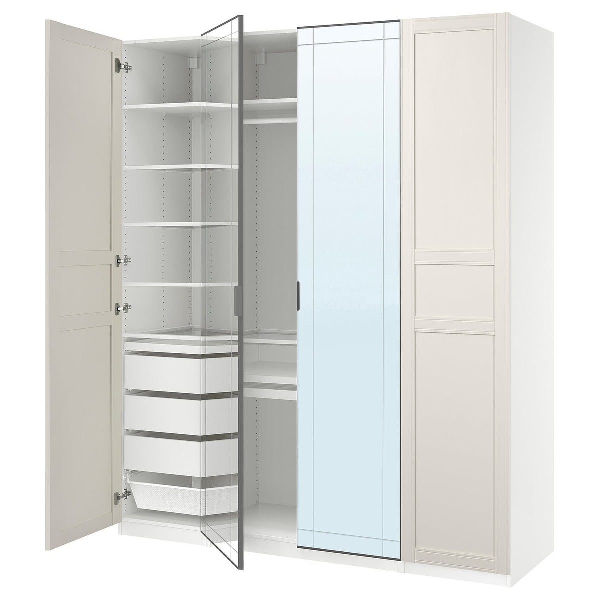 PAX / KAMMARTORP/FLISBERGET wardrobe combination, white mirror glass/grey white, 200x60x236 cm