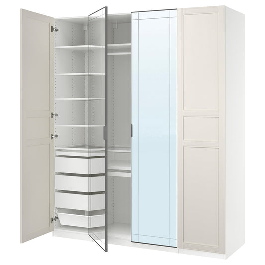 PAX / KAMMARTORP/FLISBERGET wardrobe combination, white mirror glass/grey white, 200x60x236 cm